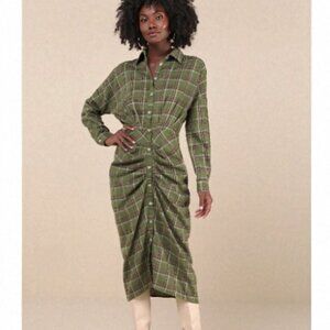 Lulu's seasonal spirit green runched shirt dress SZ Sm